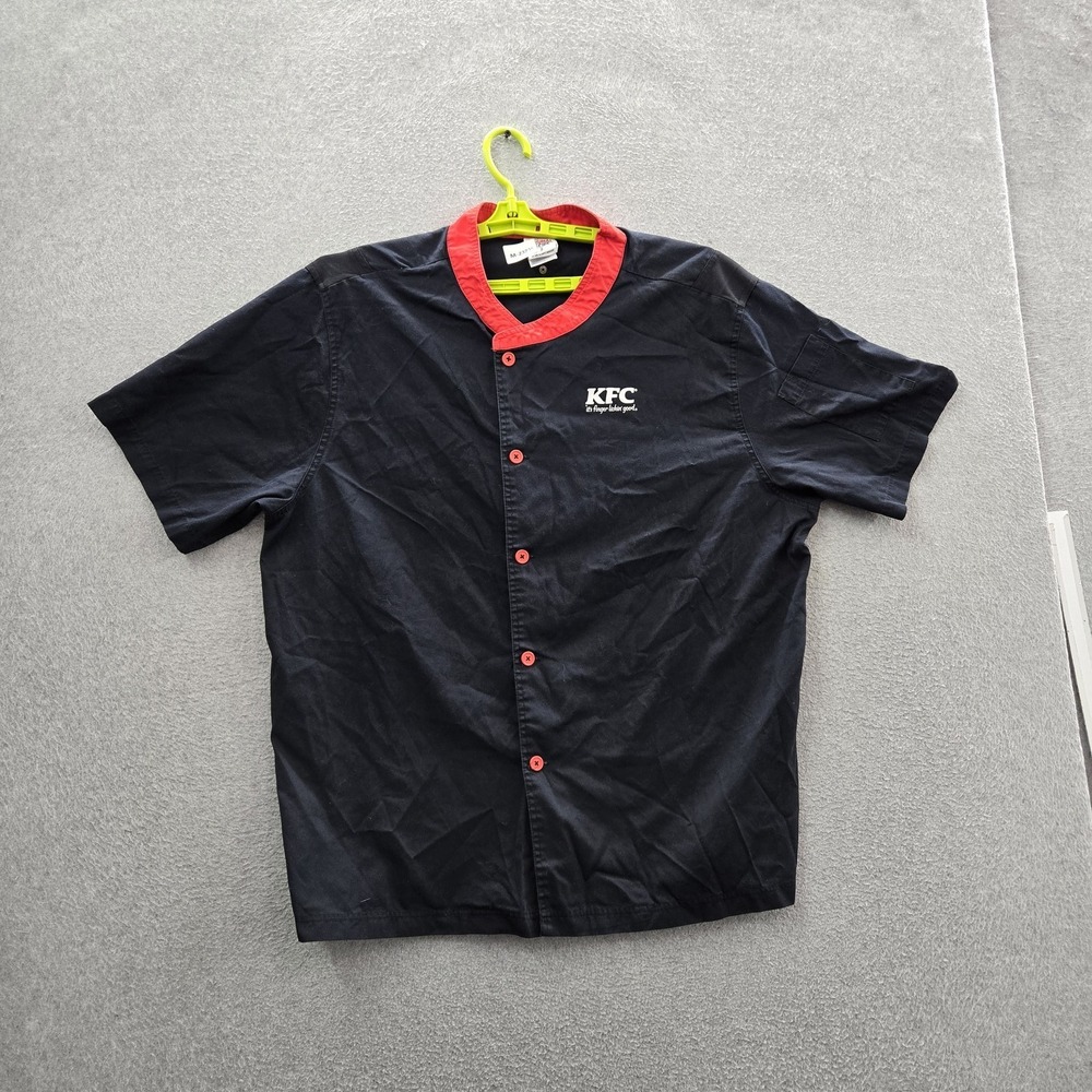 Kentucky Fried Chicken Men Button Up Shirt M Black Embroidered Logo‎ Text Work